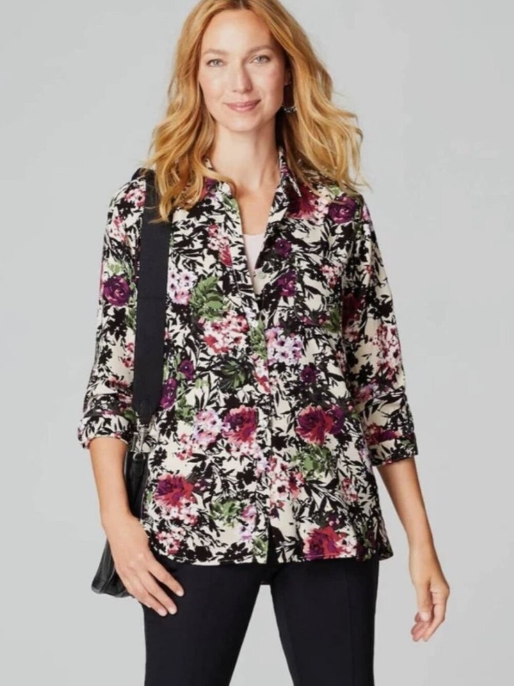 J Jill Shirt Womens 2X Plus Purple Green Floral Button Up Long Sleeve Blouse